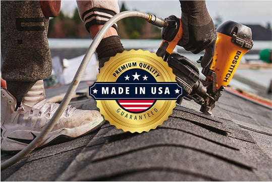 A roofer using a pneumatic nail gun to fasten asphalt shingles, overlaid with a 