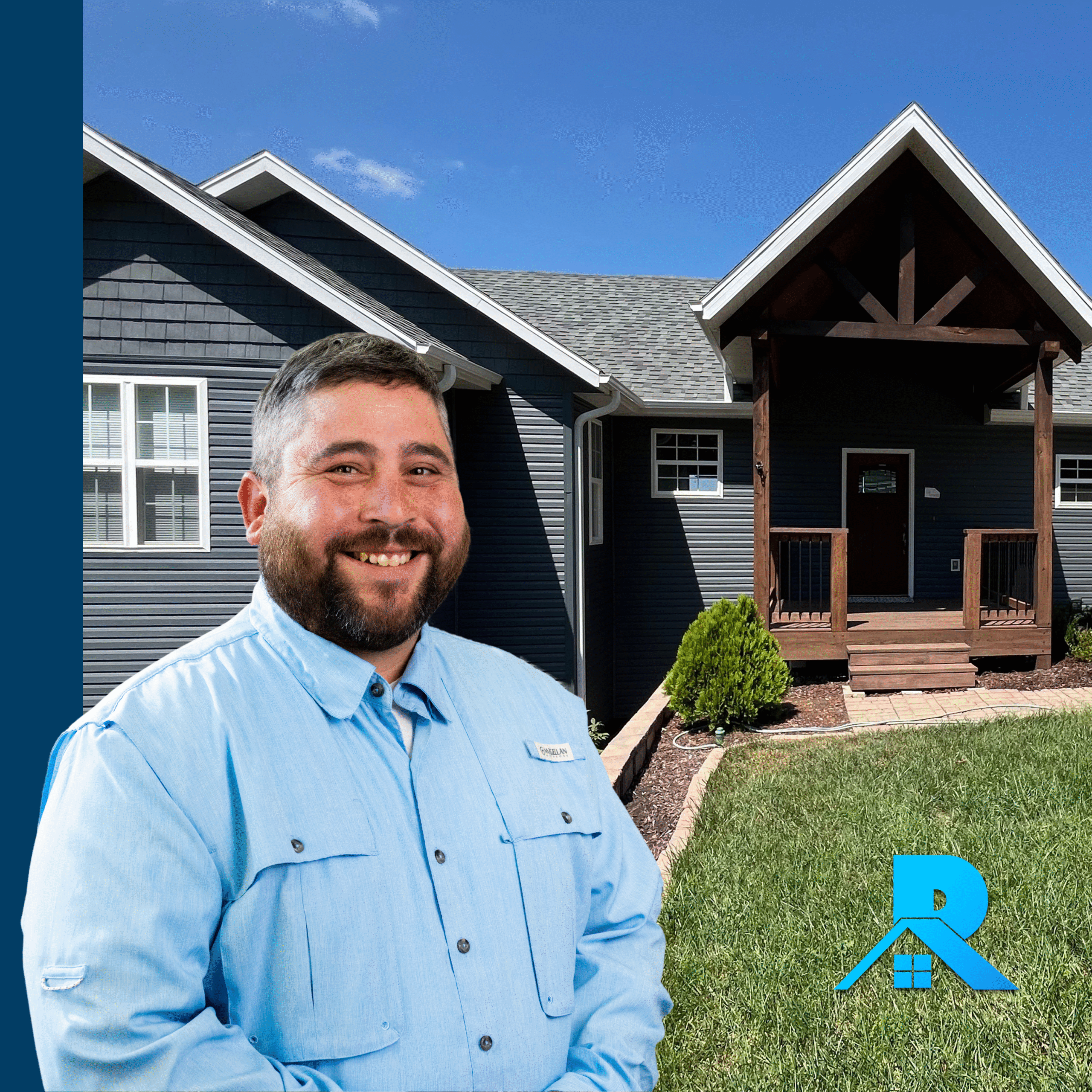 Team member from Branson Springfield Roof Co. standing in front of a dark modern home, smiling warmly in a light blue shirt.